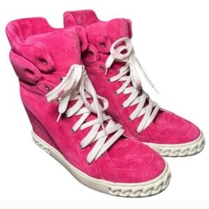 Pink Suede High-Top Wedge Sneakers